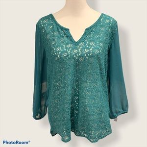 Lucky Brand | V-neckline see through Long Sleeve Teal / Green Blouse Size Medium